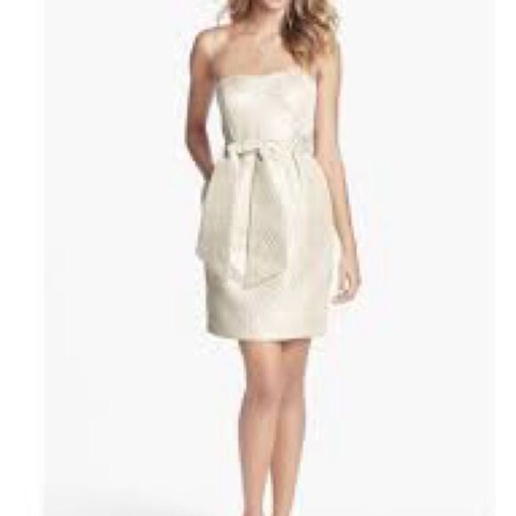 Jenny Yoo Collection Coco Gold Dot Jacquard Strapless Cocktail Mini Dress - Picture 1 of 10